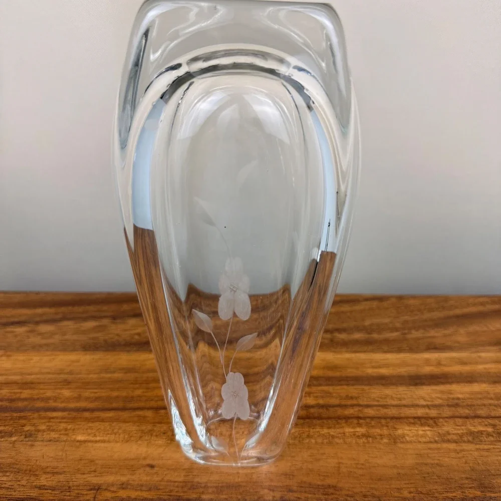 Johansfors Glasbruk Swedish Art Glass Vase Etched Floral Clear Crystal MCM 8.25